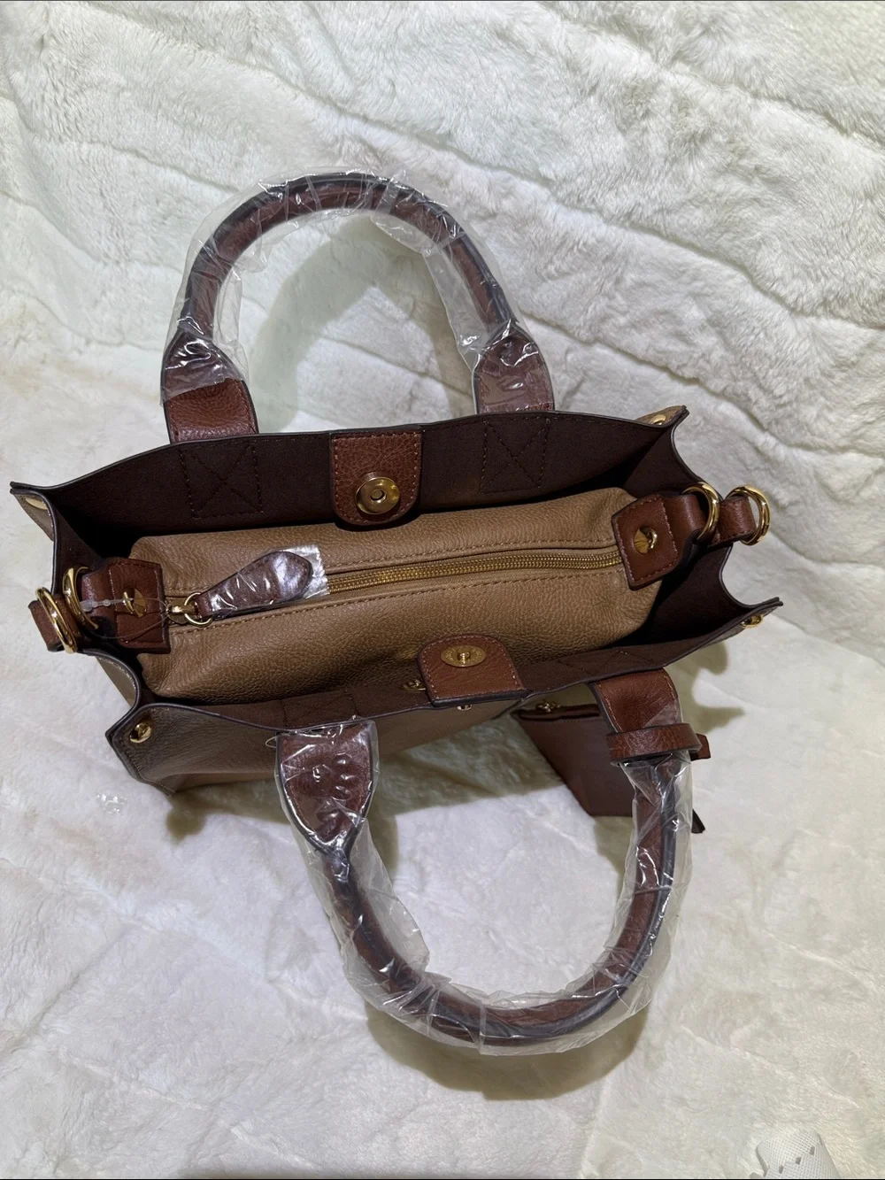 Tan & Brown Structured Tote Bag with snap in pouch and crossbody strap